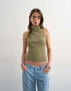 Knitted drape neck low back top in khaki