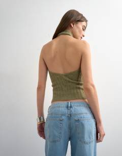 Model wearing Knitted drape neck low back top in khaki