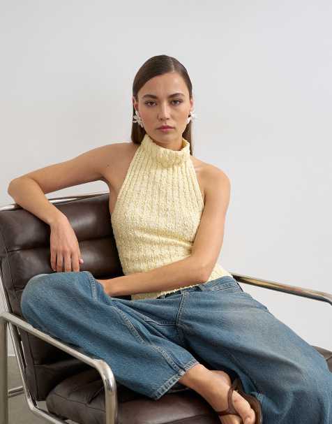 Topshop knitted drape neck low back top in yellow - view 1