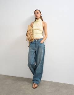 Model wearing Knitted drape neck low back top in yellow