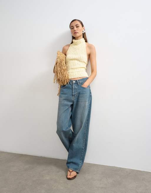 Topshop knitted drape neck low back top in yellow, 2 of 4