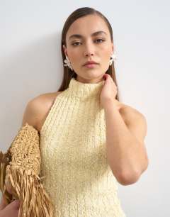 Model wearing Knitted drape neck low back top in yellow