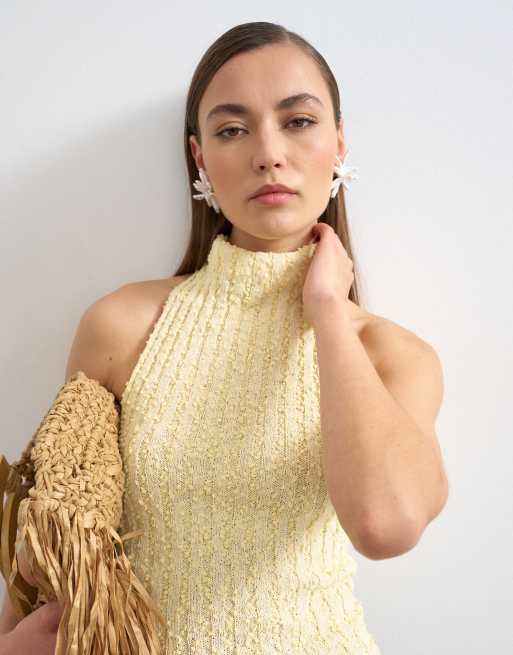 Topshop knitted drape neck low back top in yellow, 3 of 4