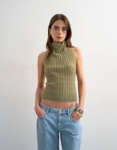 Topshop knitted drape neck top in khaki