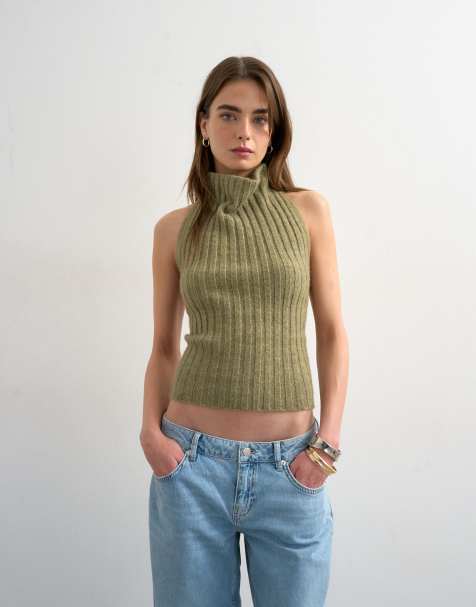 Topshop knitted drape neck low back top in khaki