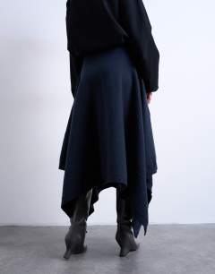 Model wearing Knitted draped skirt in navy