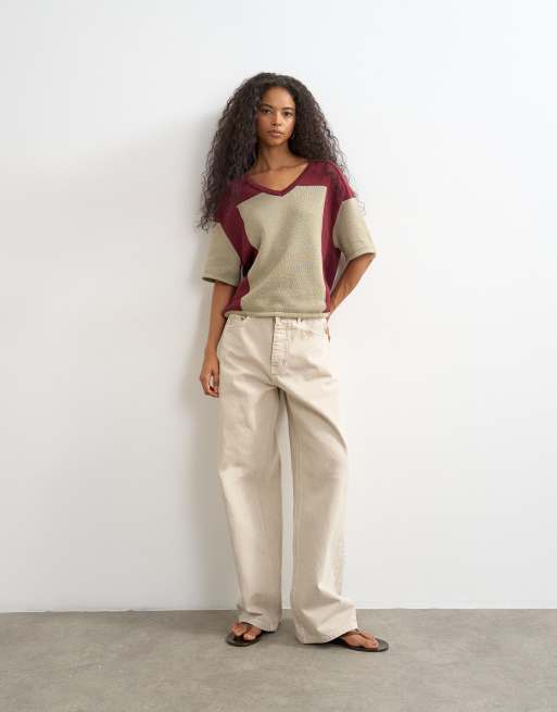 Topshop knitted drawstring colour block top in red berry and khaki, 2 of 4