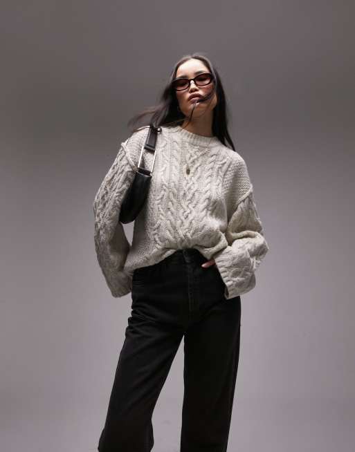 Topshop knitted drop shoulder cable detail sweater in oat