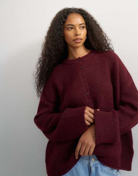 Topshop knitted easy Henley jumper in burgundy - view 1