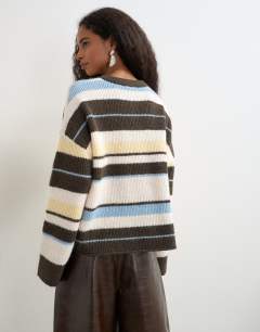 Model wearing Knitted easy Henley jumper in multi