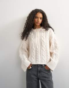 Knitted easy Henley neck cable jumper in oat