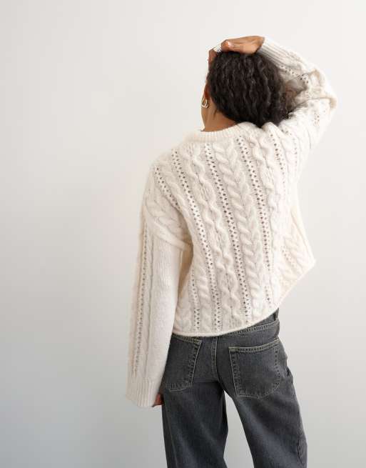 Topshop knitted easy henley neck cable jumper in oat, 4 of 4