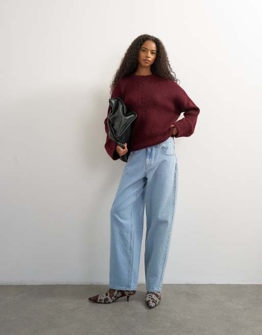 Topshop knitted easy Henley sweater in burgundy, 2 of 4