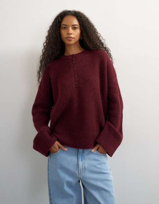 Topshop knitted easy Henley sweater in burgundy, 3 of 4