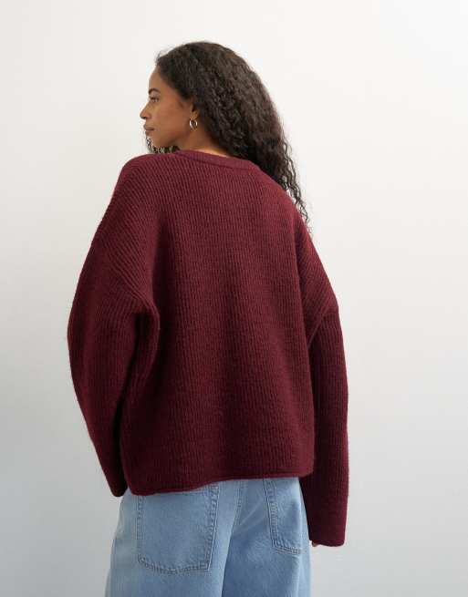 Topshop knitted easy Henley sweater in burgundy, 4 of 4