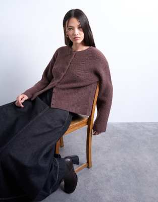 Topshop Knitted Easy Ribbed Relaxed Cardigan In Chocolate-brown