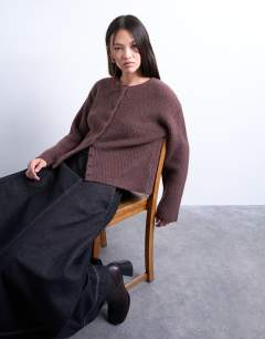 Knitted easy ribbed relaxed cardigan in chocolate