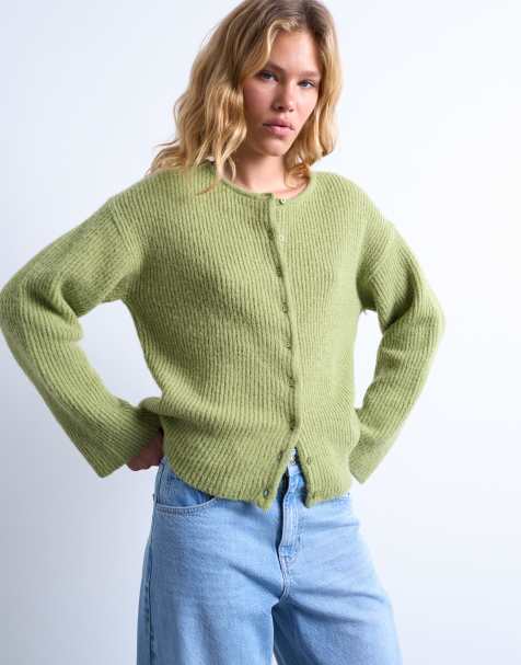 Topshop knitted easy ribbed relaxed cardigan in green - view 1