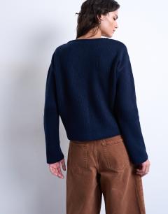 Model wearing Knitted easy ribbed relaxed cardigan in navy