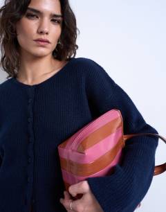 Model wearing Knitted easy ribbed relaxed cardigan in navy