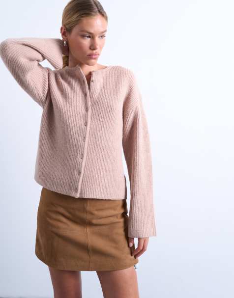 Topshop knitted easy ribbed relaxed cardigan in oat - view 1