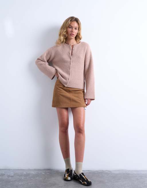 Topshop knitted easy ribbed relaxed cardigan in oat