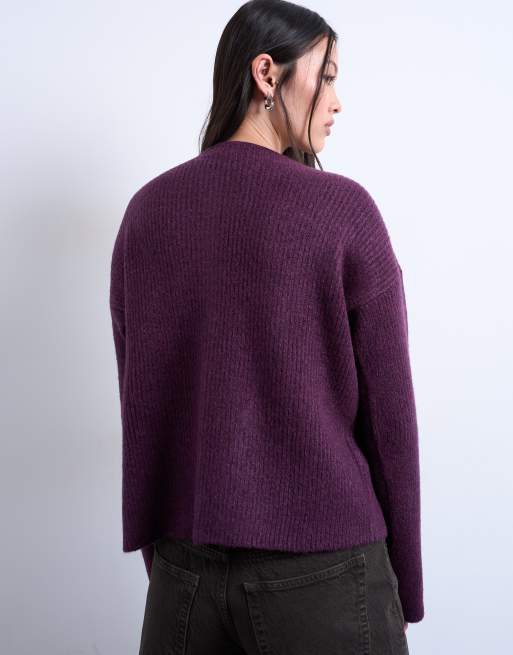 Topshop knitted easy ribbed relaxed cardigan in plum, 4 of 4