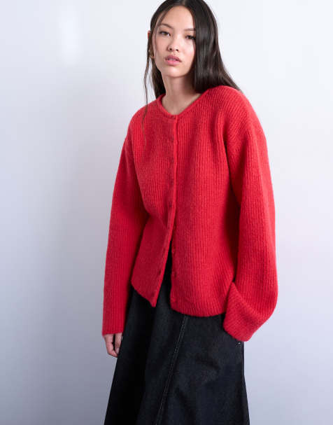 Topshop knitted easy ribbed relaxed cardigan in red - view 1