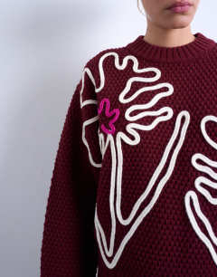 Knitted embroidered floral jumper in burgundy 