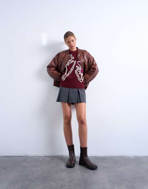Topshop knitted embroidered floral jumper in burgundy , 2 of 4