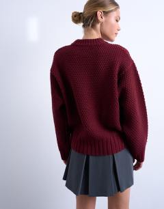 Model wearing Knitted embroidered floral jumper in burgundy 