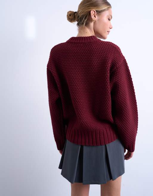 Topshop knitted embroidered floral jumper in burgundy , 4 of 4