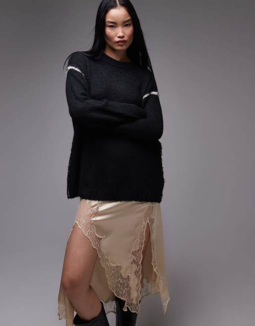 Topshop knitted exposed contrast seam oversized sweater in black