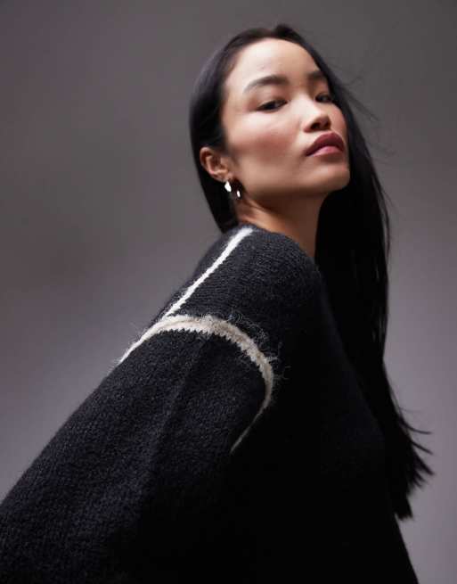 Topshop knitted exposed contrast seam oversized sweater in black
