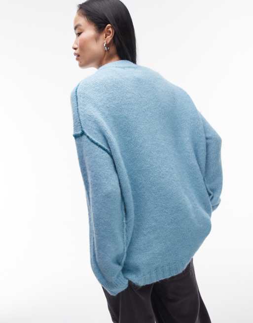Topshop knitted exposed contrast seam oversized sweater in blue