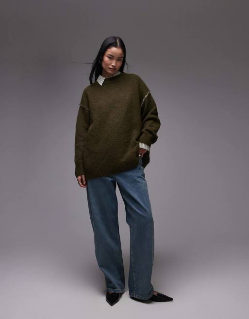 Topshop knitted exposed contrast seam oversized sweater in khaki