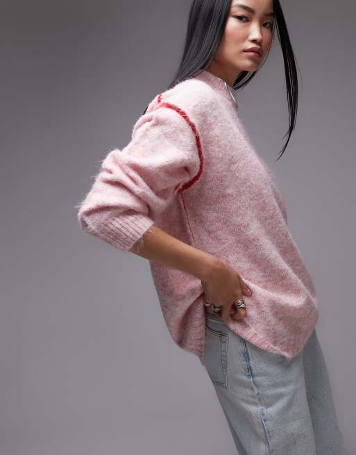 Topshop knitted exposed contrast seam oversized sweater in light pink