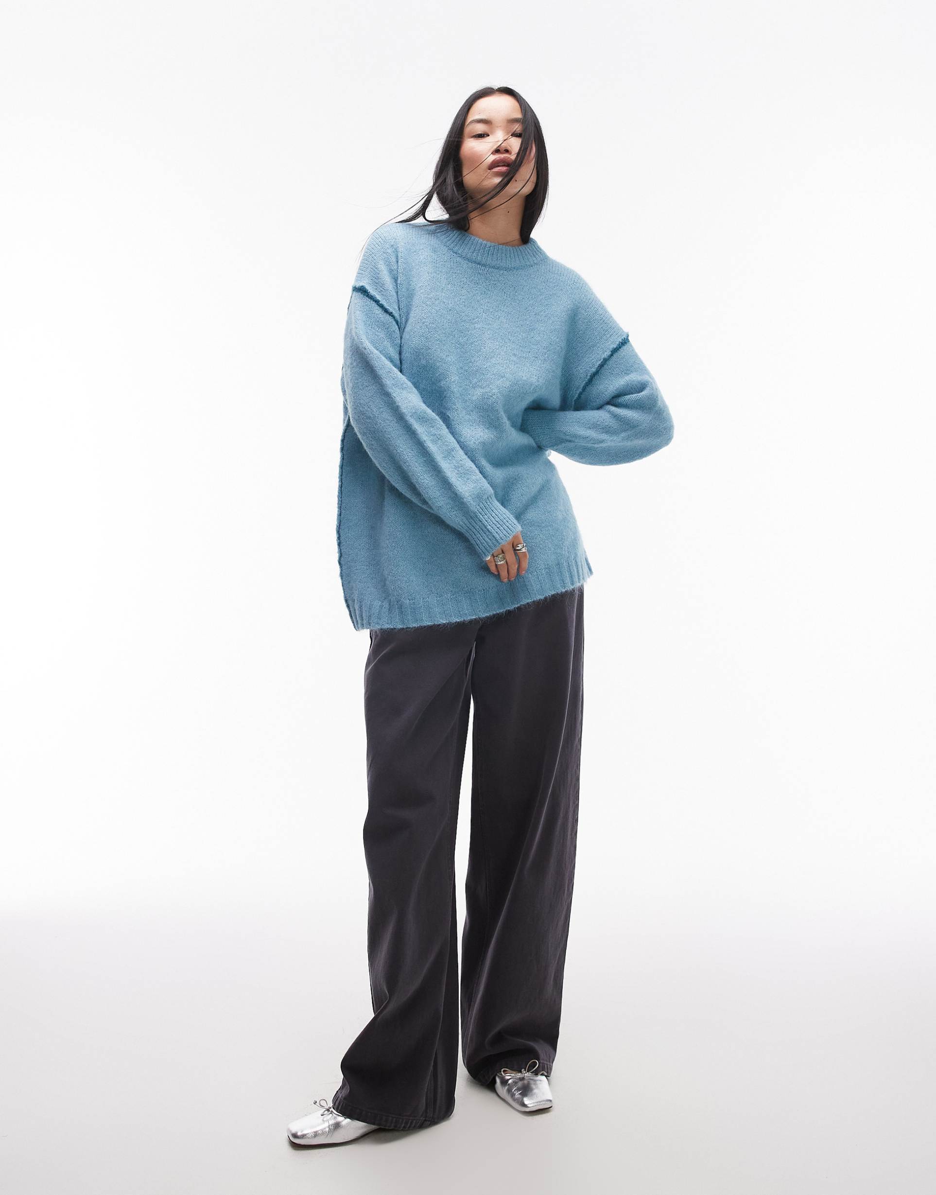 topshop knitted exposed contrast seam oversized sweater in blue