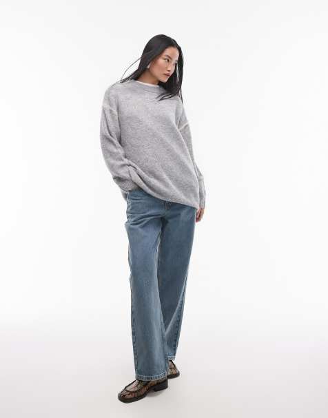 Topshop knitted exposed contrast seam oversized sweater in gray - view 1