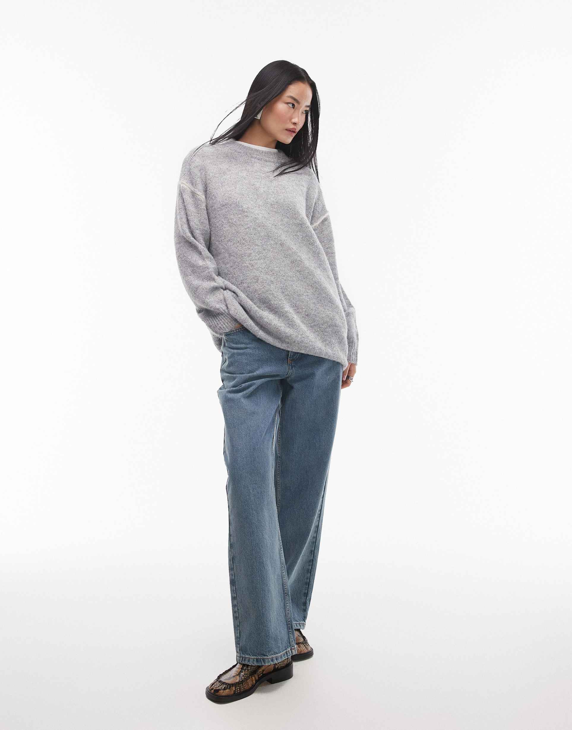 topshop knitted exposed contrast seam oversized sweater in gray