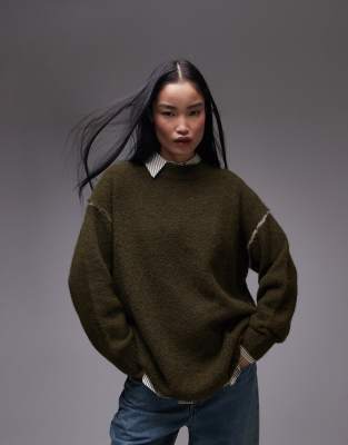 knitted exposed contrast seam oversized sweater in khaki-Green