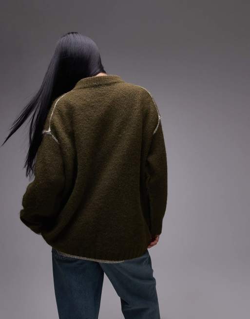 Topshop knitted exposed contrast seam oversized sweater in khaki