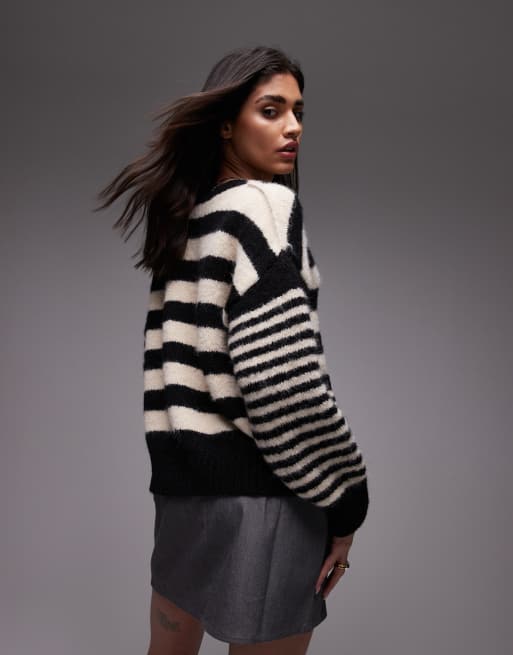Topshop knitted exposed seam crew cardi with pockets in black and ecru stripe, 4 of 4