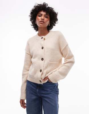 knitted exposed seam crew cardi with pockets in cream-White