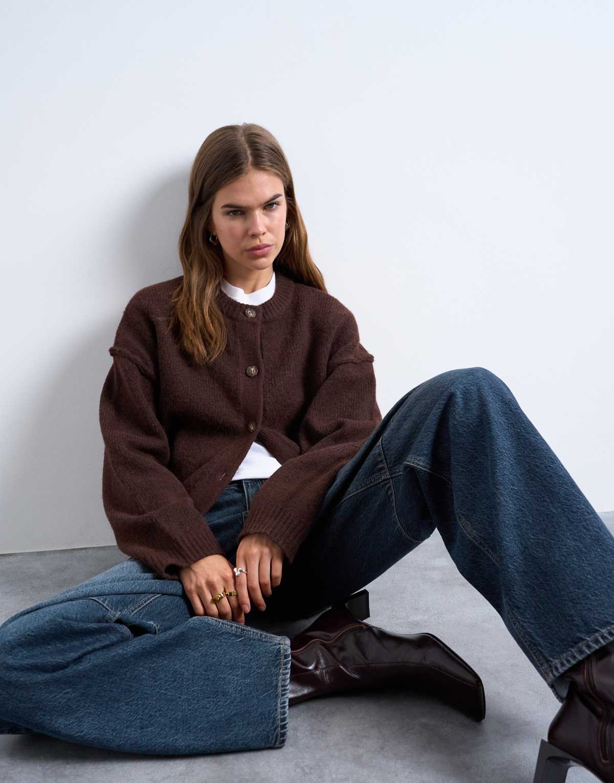 Topshop knitted exposed seam relaxed cardigan in brown