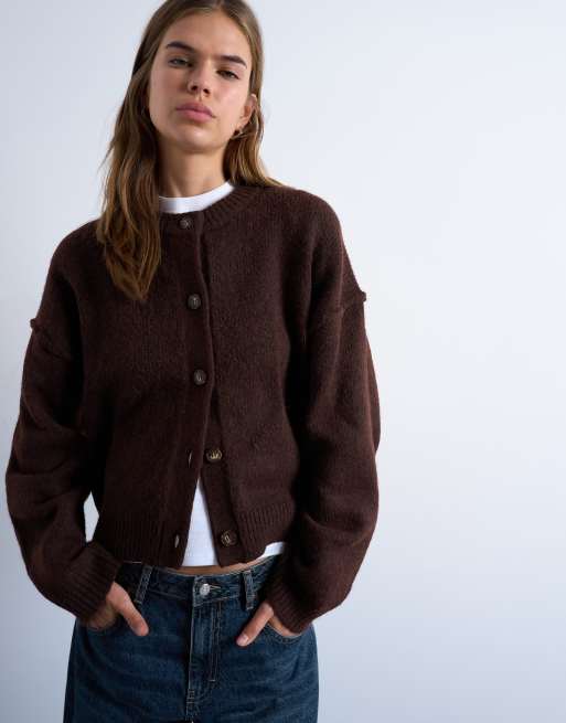 Topshop knitted exposed seam relaxed cardigan in brown