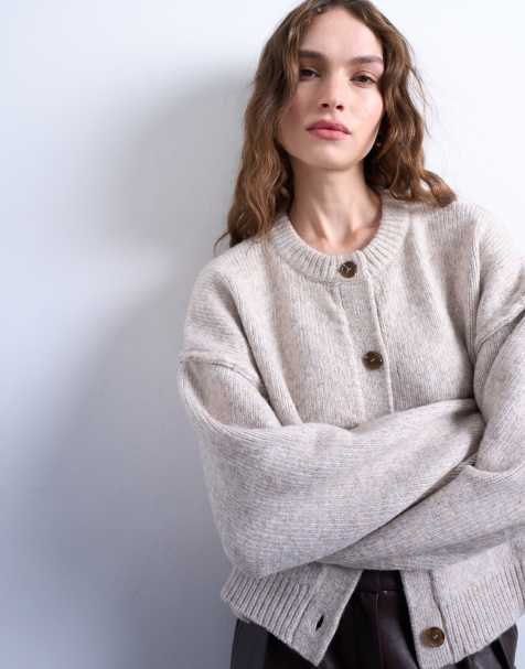 Topshop knitted exposed seam relaxed cardigan in oat - view 1