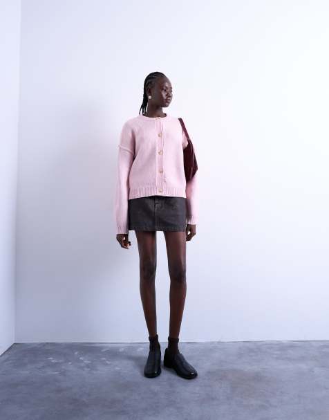 Topshop knitted exposed seam relaxed cardigan in pink - view 1