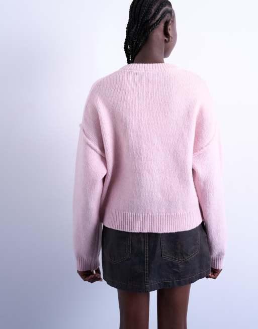 Topshop knitted exposed seam relaxed cardigan in pink