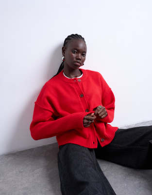 Topshop Knitted Exposed Seam Relaxed Cardigan In Red